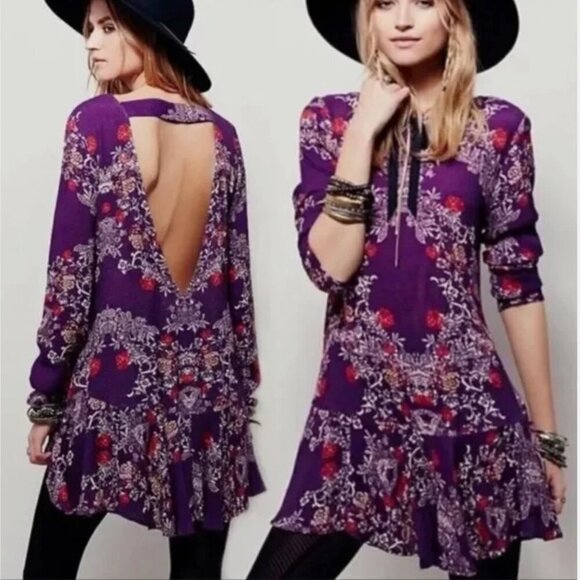 Free People Smooth Talker Tunic Mini Dress Long Sleeve Floral Purple Size Medium - Picture 1 of 9